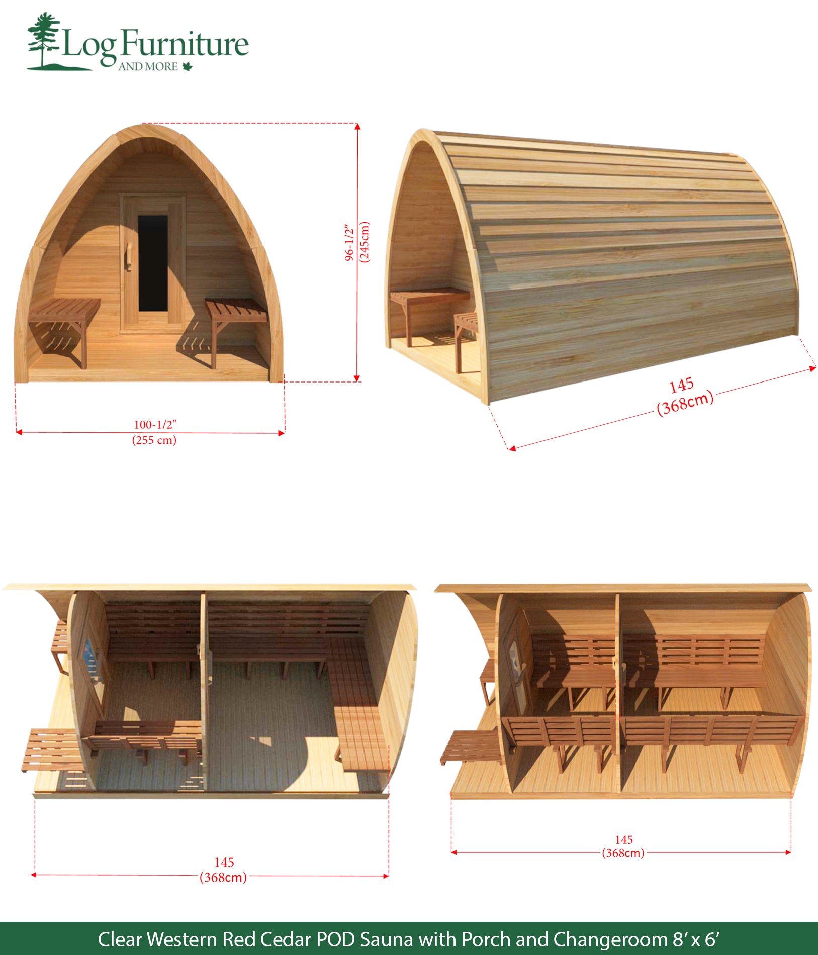 Knotty Red Cedar POD Sauna with Porch and Changeroom 8’ x 6’