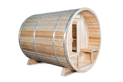 Serenity White Cedar Barrel Sauna Side View