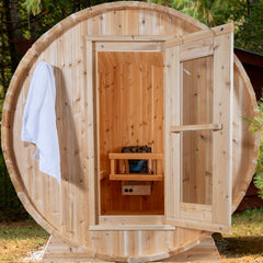 Harmony White Cedar Barrel Sauna with Door Open