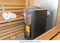 Interior wood burning stove for barrel sauna