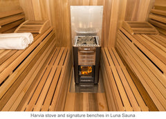 Harvia stove and signature benches in Luna Sauna
