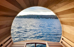 View from inside a Panoramic Barrel Sauna