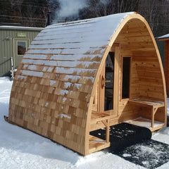 Cedar shingles on Pod sauna with porch
