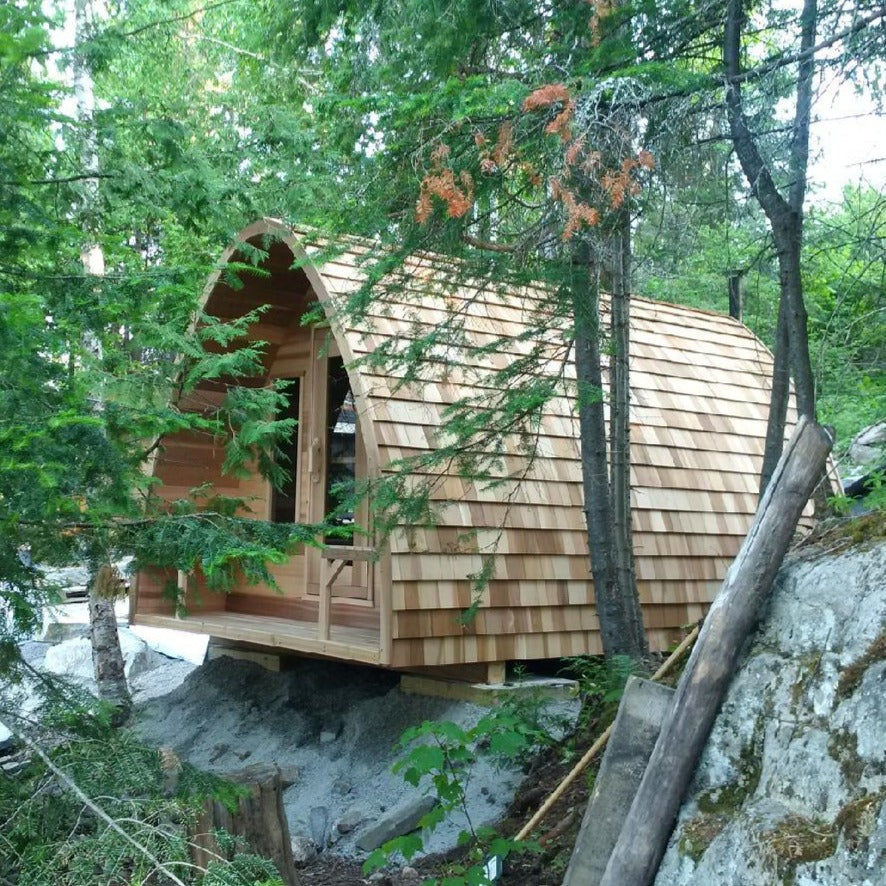Pods Sauna with cedar shingles, porch and windows