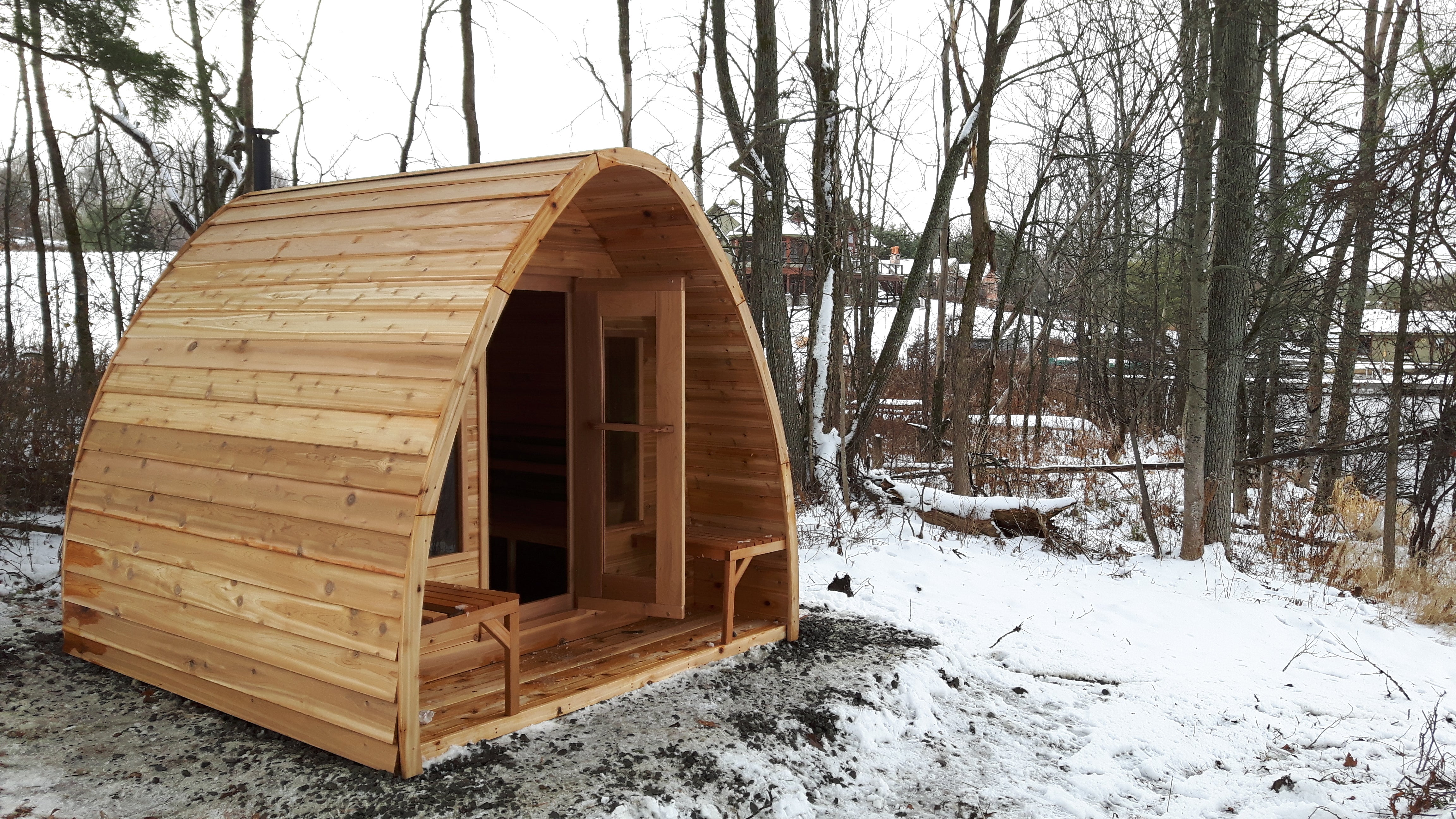 Knotty Pod Sauna with porch and windows at the chalet