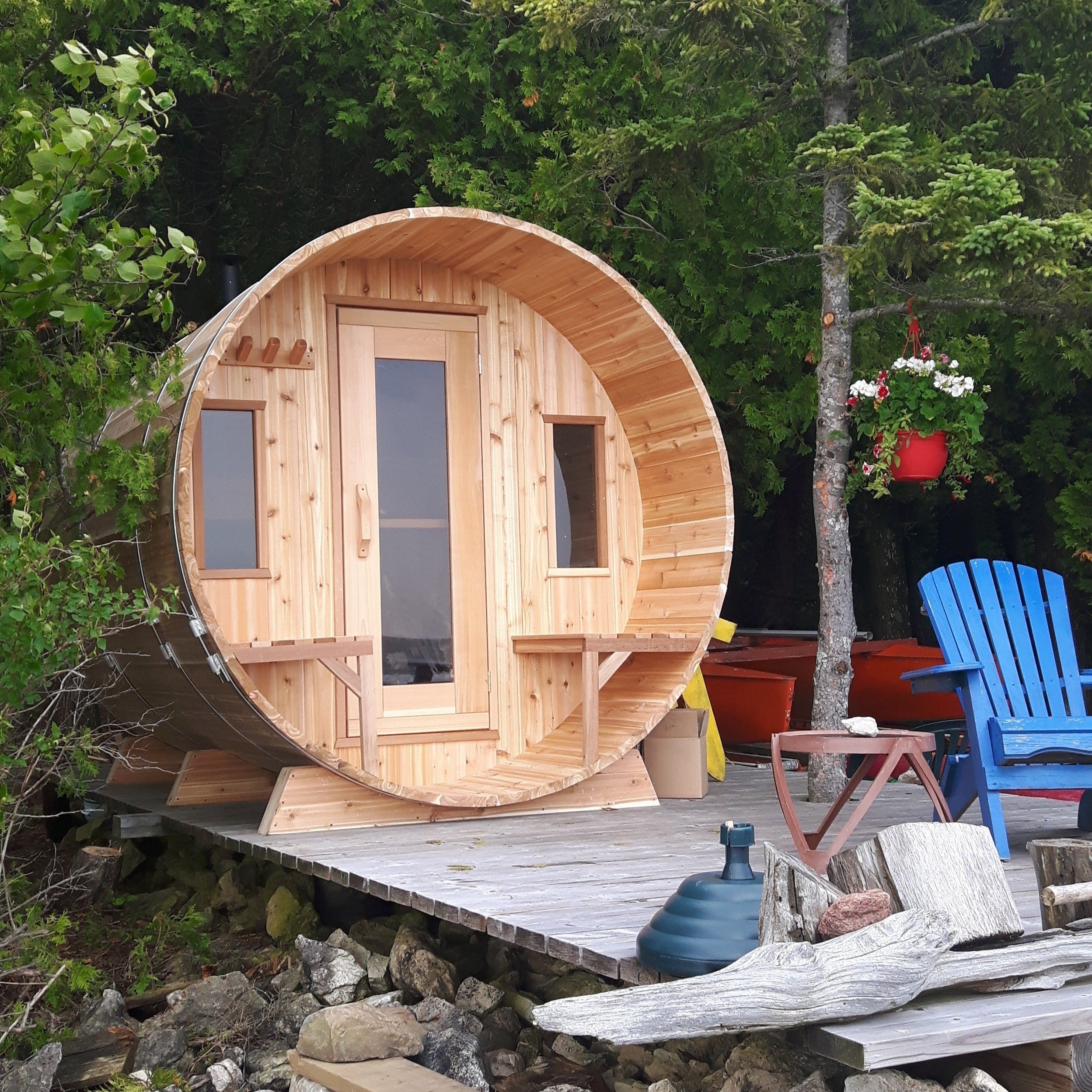 Knotty cedar sauna with 2 windows on dock at the cottage