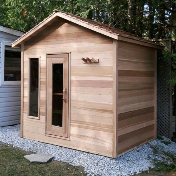 Outdoor cabin sauna with one window