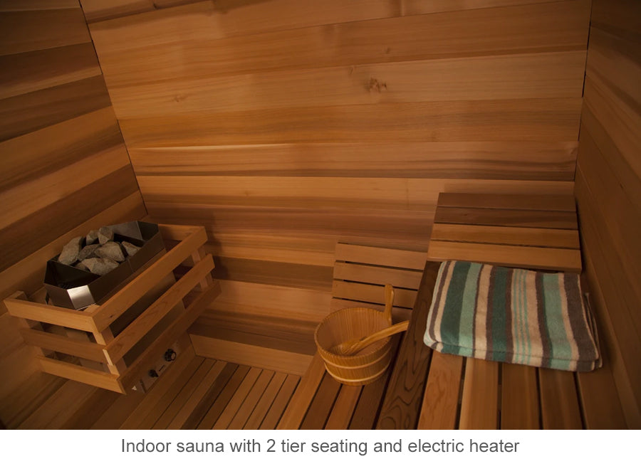 Indoor sauna with 2 tier seating and electric heater