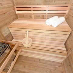 Inside View of Knotty Cedar Modern Box OUTDOOR Sauna - Small