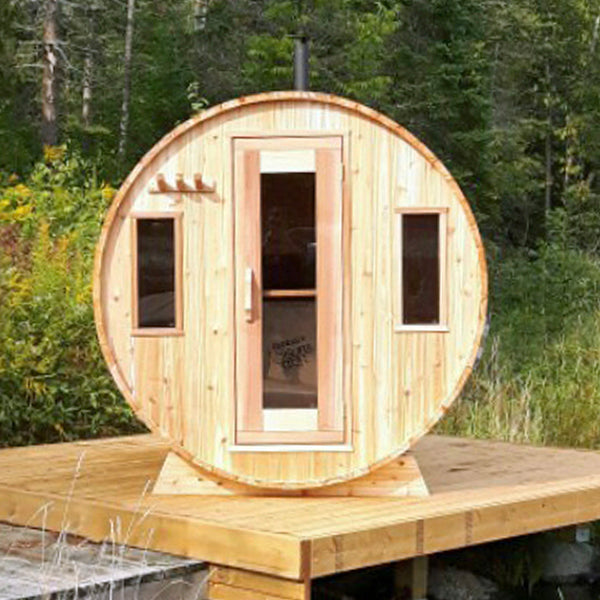 Knotty Barrel sauna with 2 windows on a dock