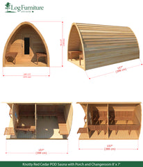 Knotty Red Cedar POD Sauna with Porch and Changeroom 8' x 7'