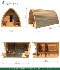 Knotty Red Cedar POD Sauna with Porch and Changeroom 8' x 8'