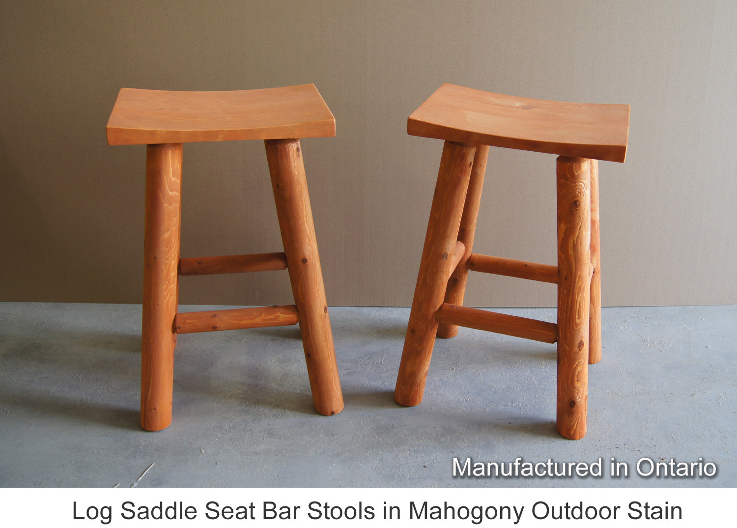 Log Saddle Seat Bar Stools in Mahogony Outdoor Stain