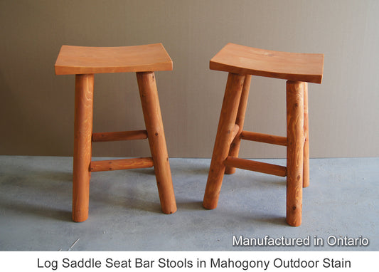 Log Saddle Seat Bar Stools in Mahogony Outdoor Stain