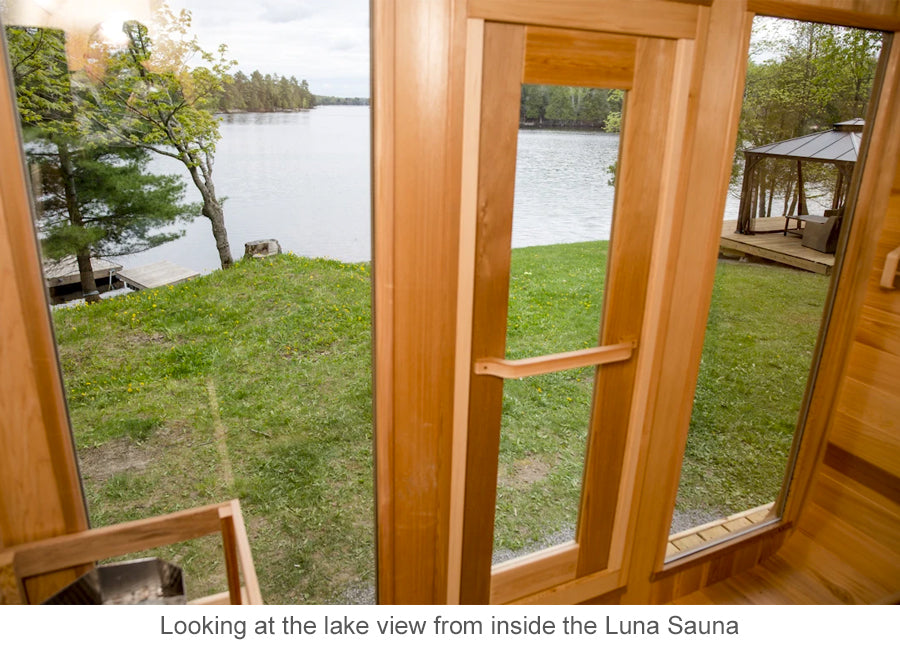 Looking at the lake view from inside the Luna Sauna