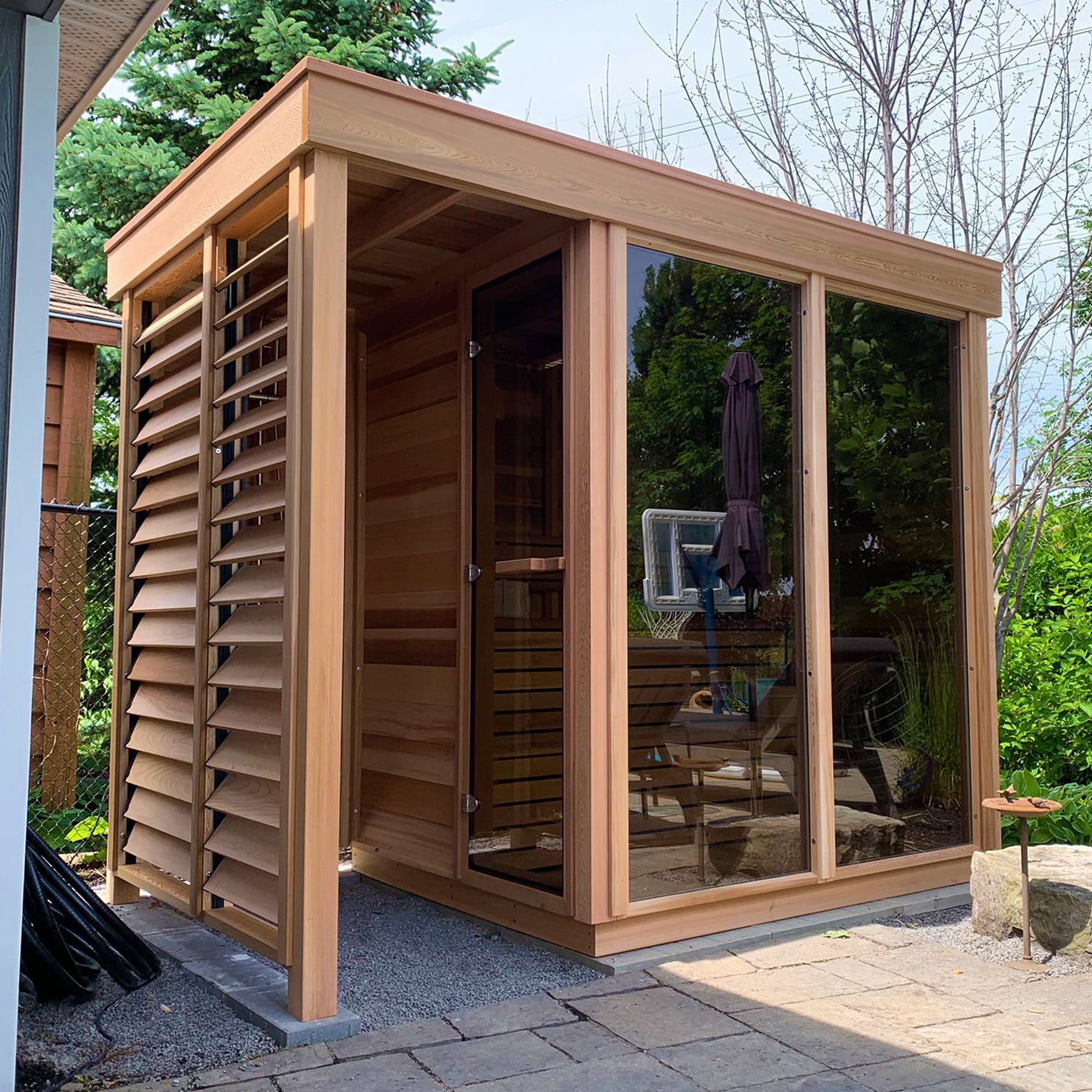 Modern Box OUTDOOR Sauna with Shower in the Back Yard