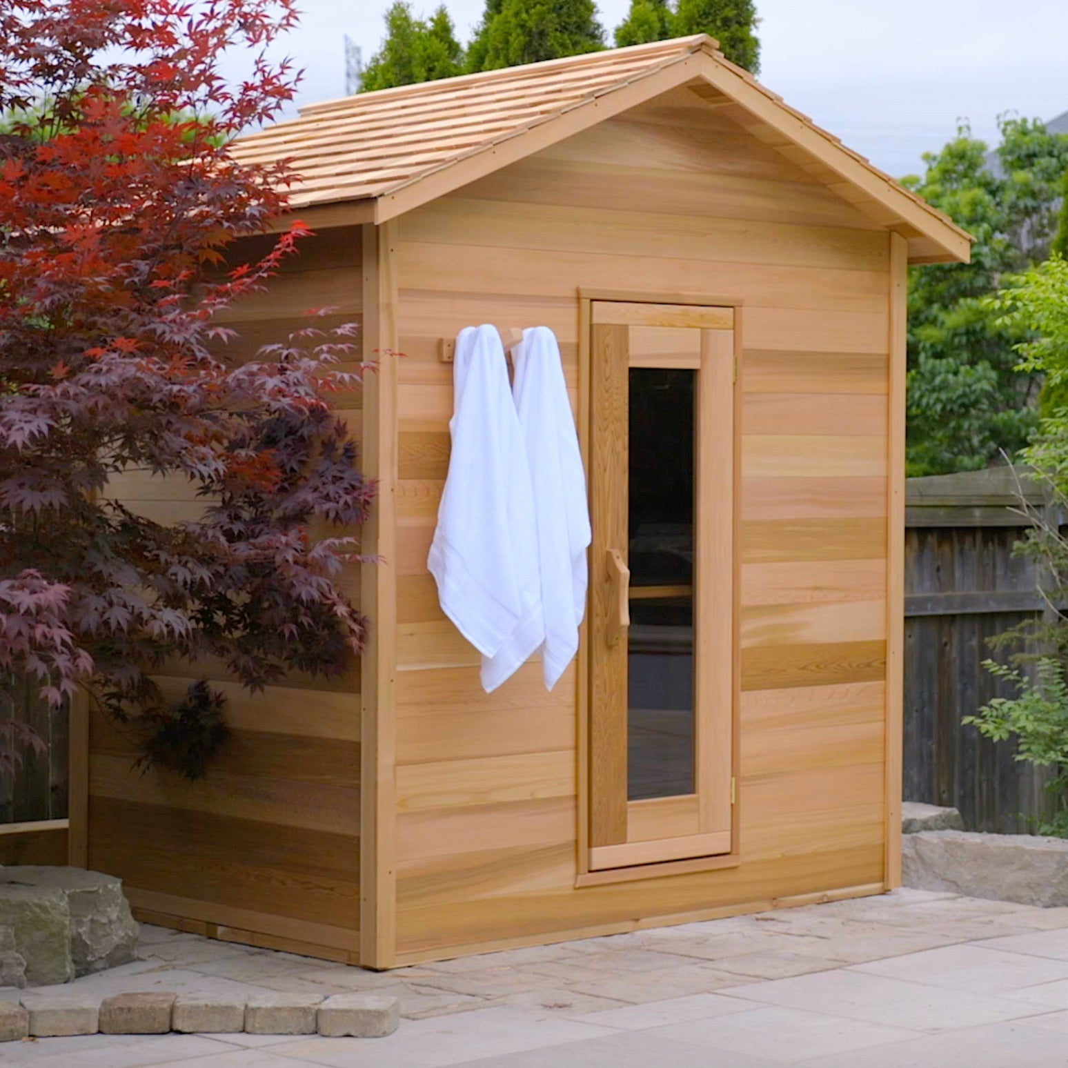 Outdoor Cedar Cabin Sauna has various sizes