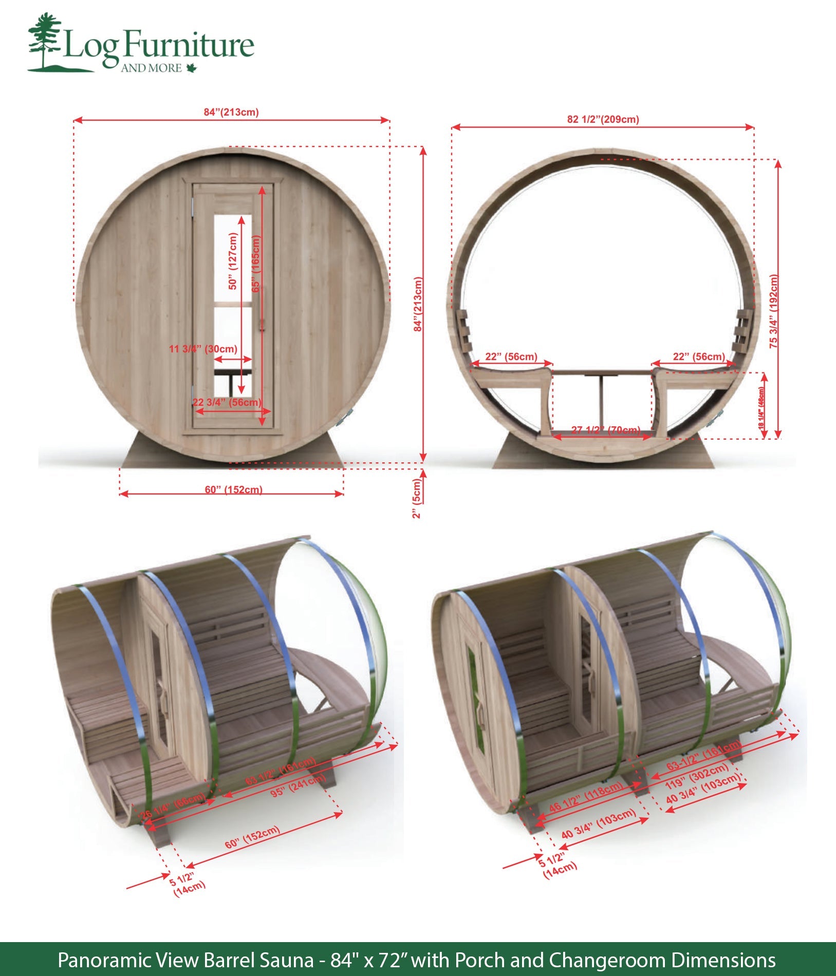 Panoramic View Barrel Sauna - 84" x 72” with Porch and Changeroom Dimensions
