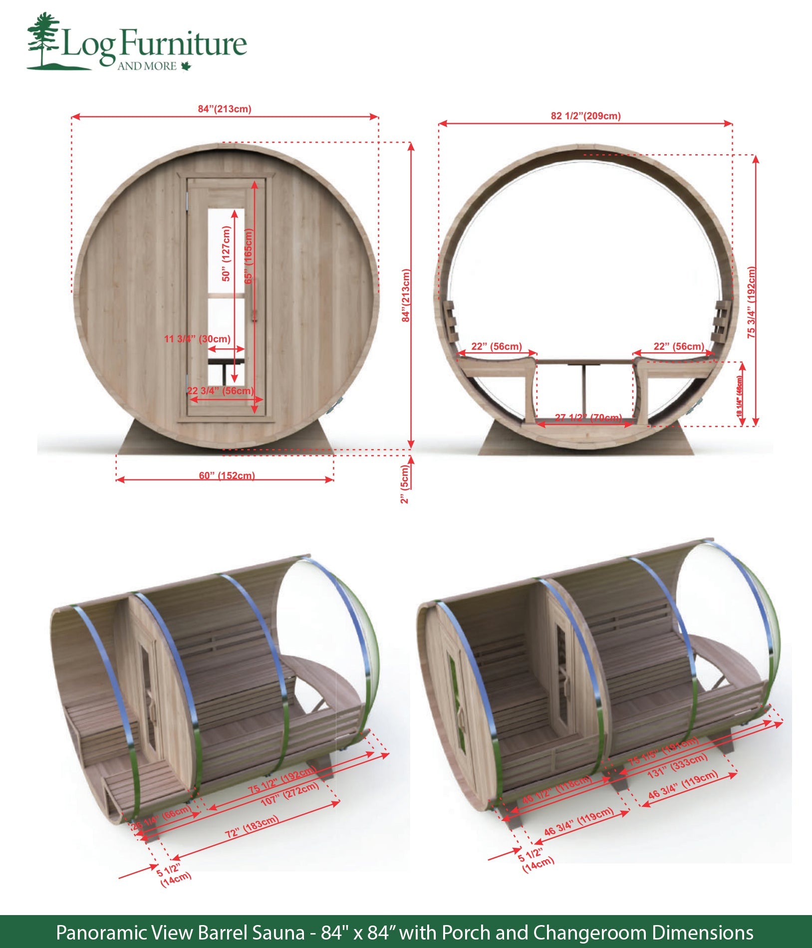 Panoramic View Barrel Sauna - 84" x 84” with Porch and Changeroom Dimensions