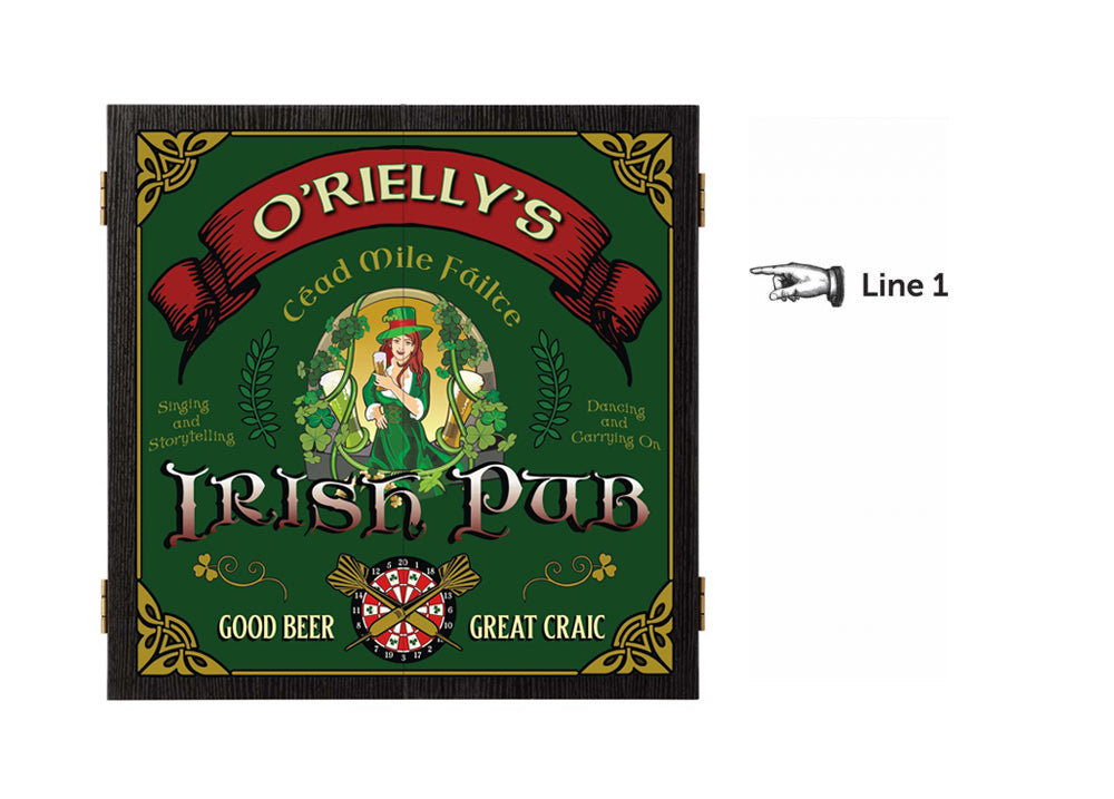 Personalized Beer Girl Irish Pub Dartboard & Cabinet Set Line 1