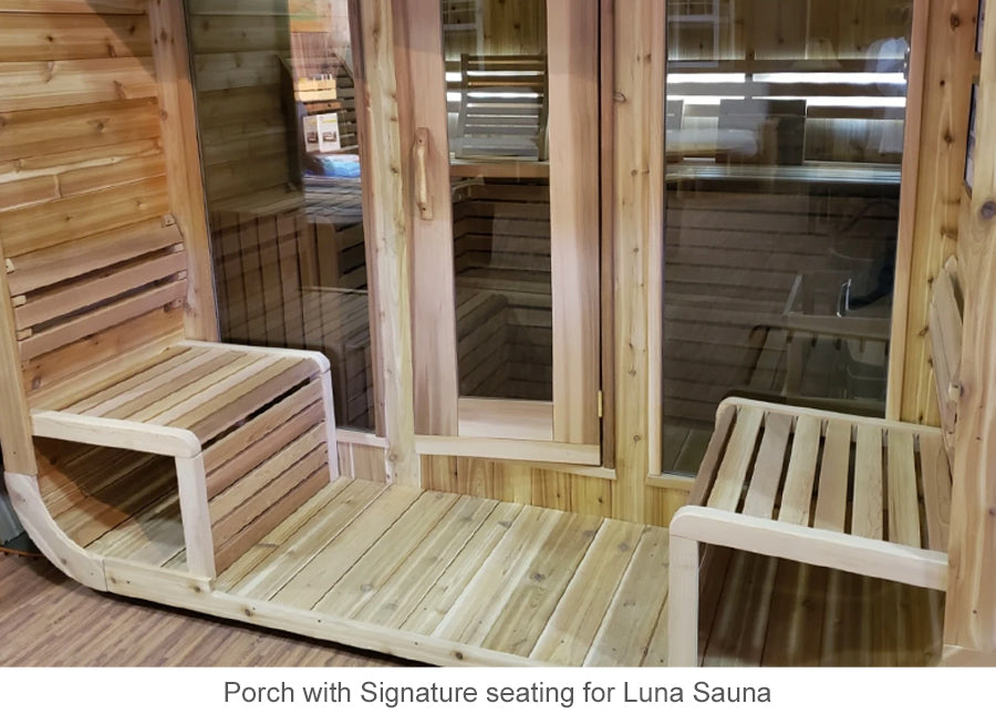 Porch with signature seating for Luna Sauna