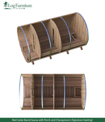 Red Cedar Barrel Sauna with Porch and Changeroom with Signature Seating