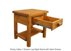 Rocky Valley 1 Drawer Log Night Stand with Open Drawer