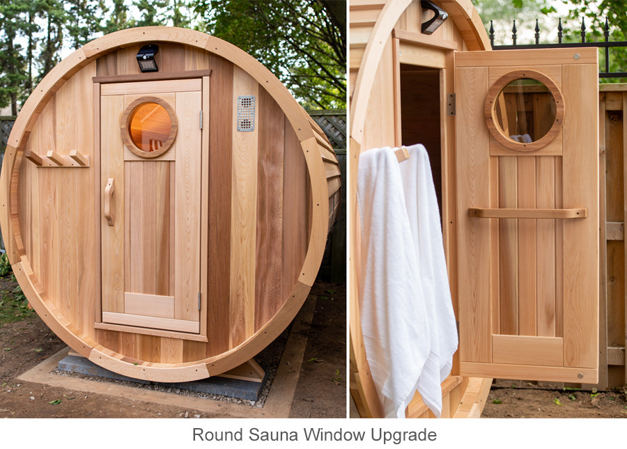Barrel sauna door with round window