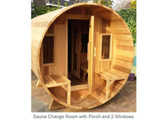 Outdoor cedar barrel sauna with porch