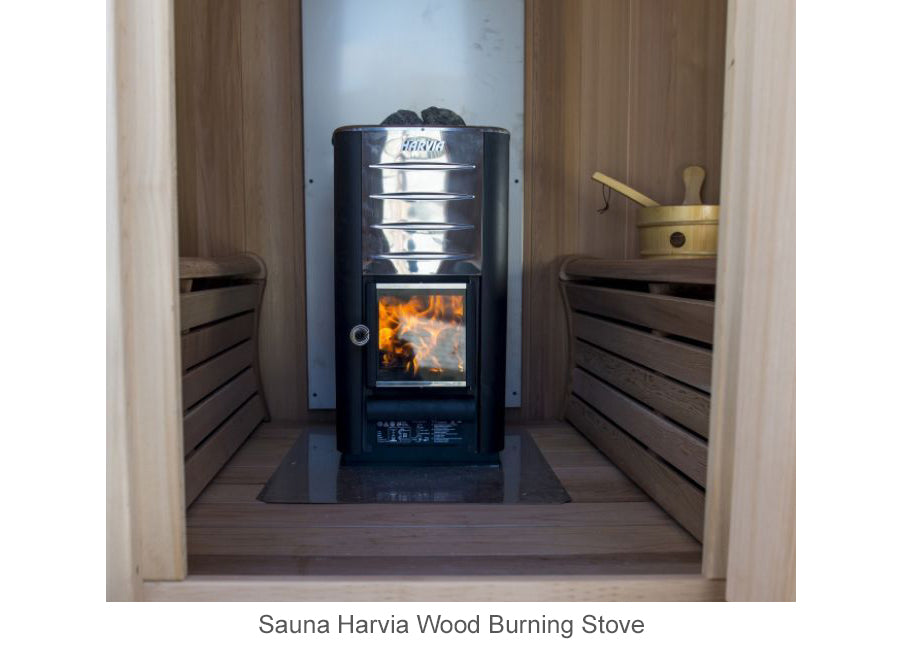 Interior fed wood burning stove for barrel sauna