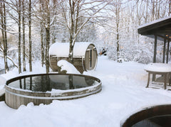 7x6 Cedar Barrel Sauna in the Winter with Hot Tub