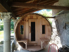 Knotty Barrel Sauna with windows and roof