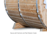 Aluminum Rings around Tranquility White Cedar Barrel Sauna