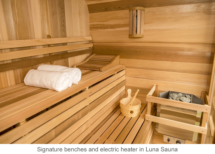 Signature benches and electric heater in Luna Sauna