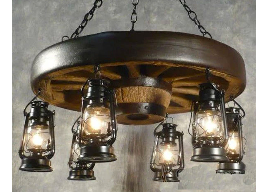 Small Wagon Wheel Chandelier with Lanterns