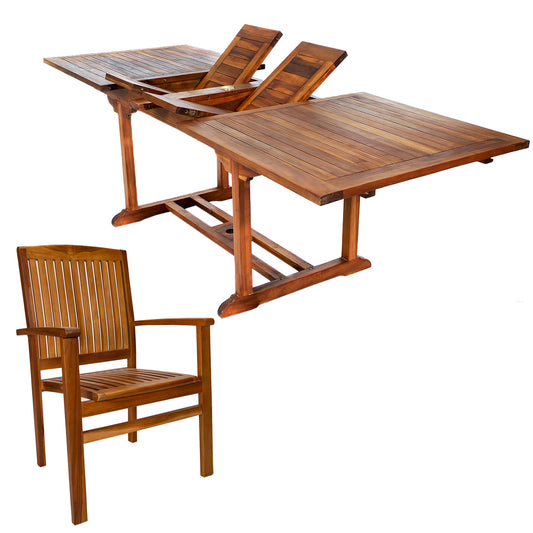 7 Piece Teak Twin Butterfly Leaf Teak Extension Table Stacking Chair Set