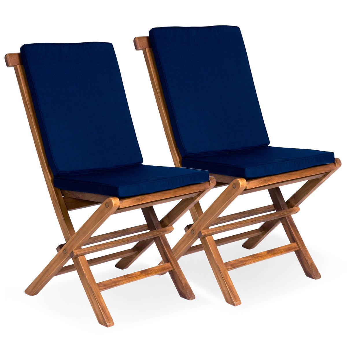 Teak Folding Chairs with Blue Cushions