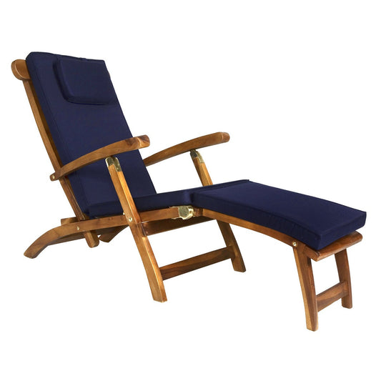 Teak Steamer Chair with Blue Cushion