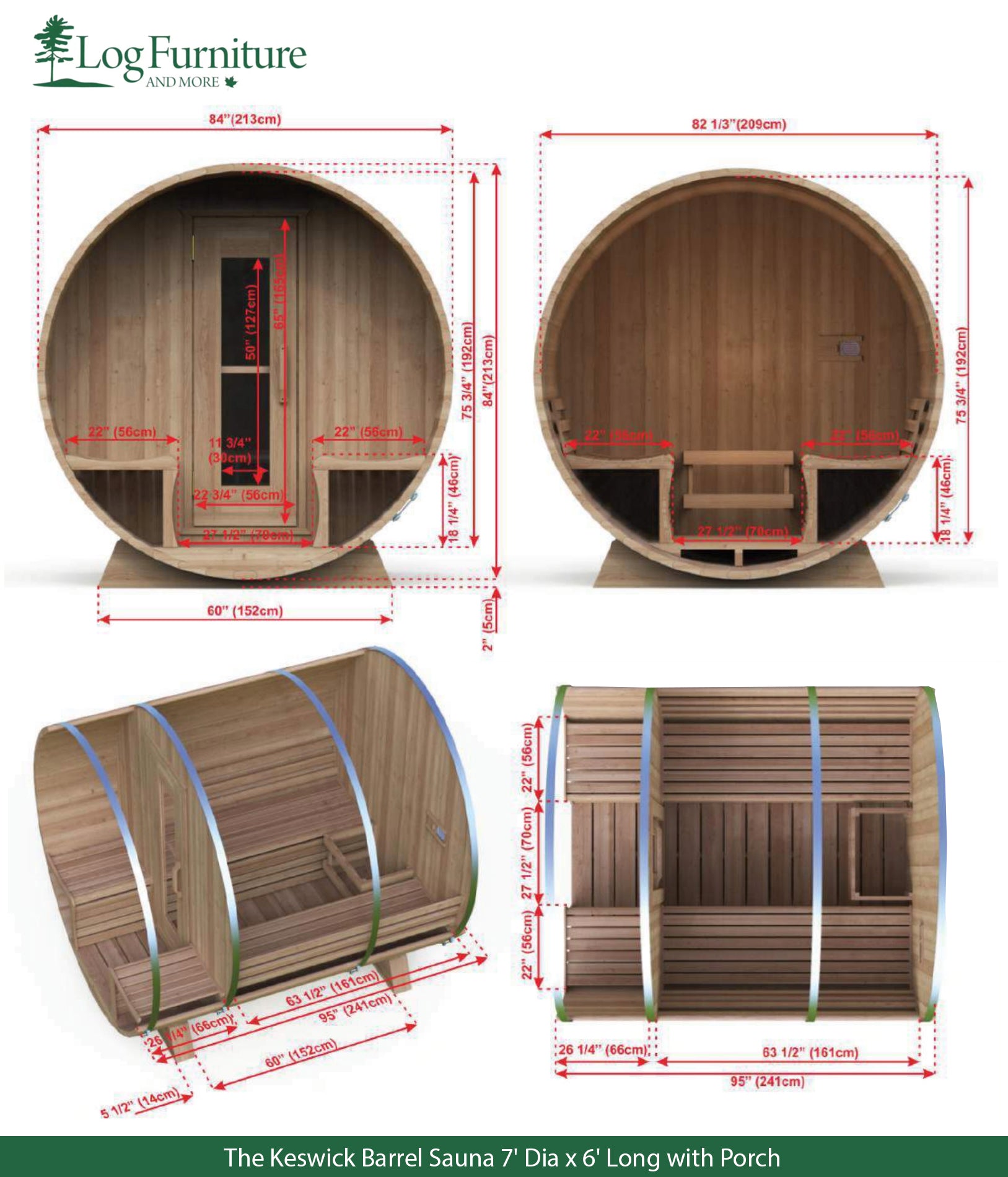 The Keswick Barrel Sauna 7' Dia x 6' Long with Porch