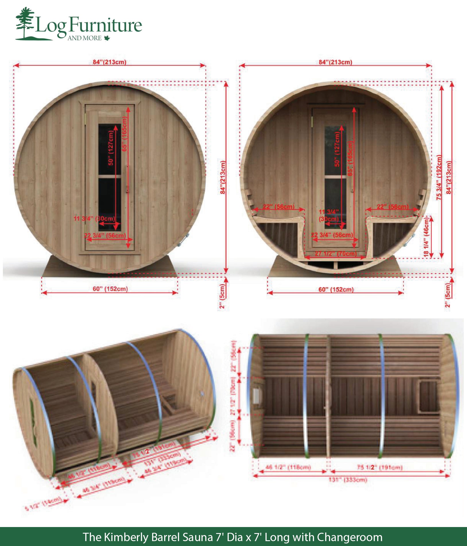 The Kimberly Barrel Sauna 7' Dia x 7' Long with Changeroom