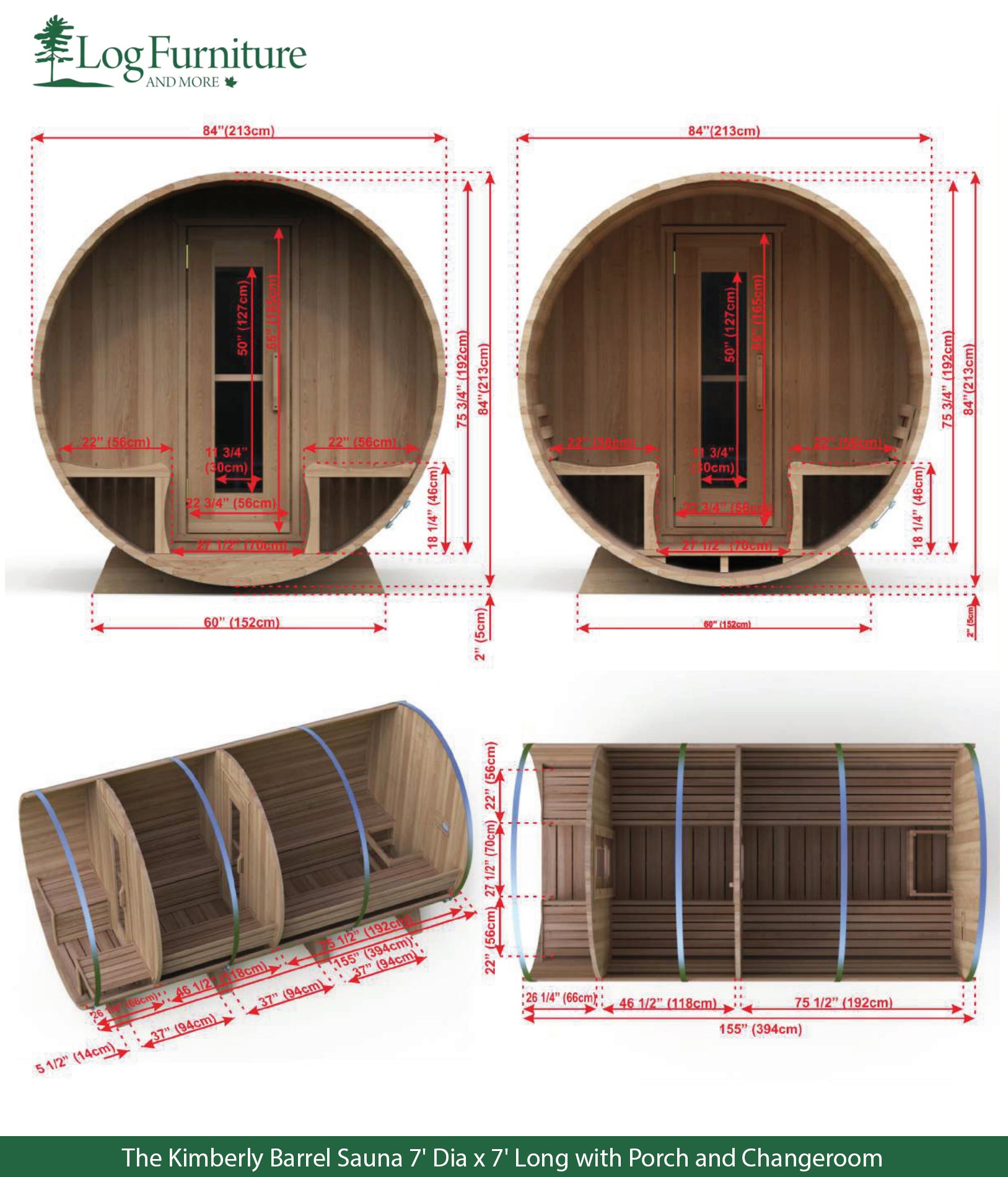 The Kimberly Barrel Sauna 7' Dia x 7' Long with Porch and Changeroom