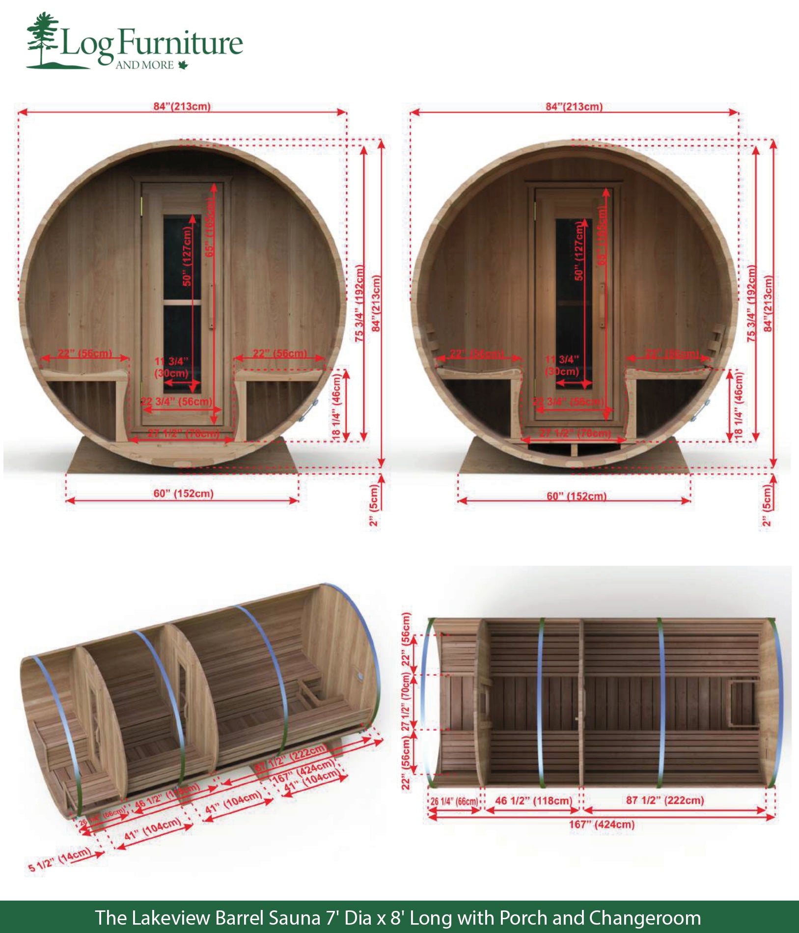 The Lakeview Barrel Sauna 7' Dia x 8' Long with Porch and Changeroom