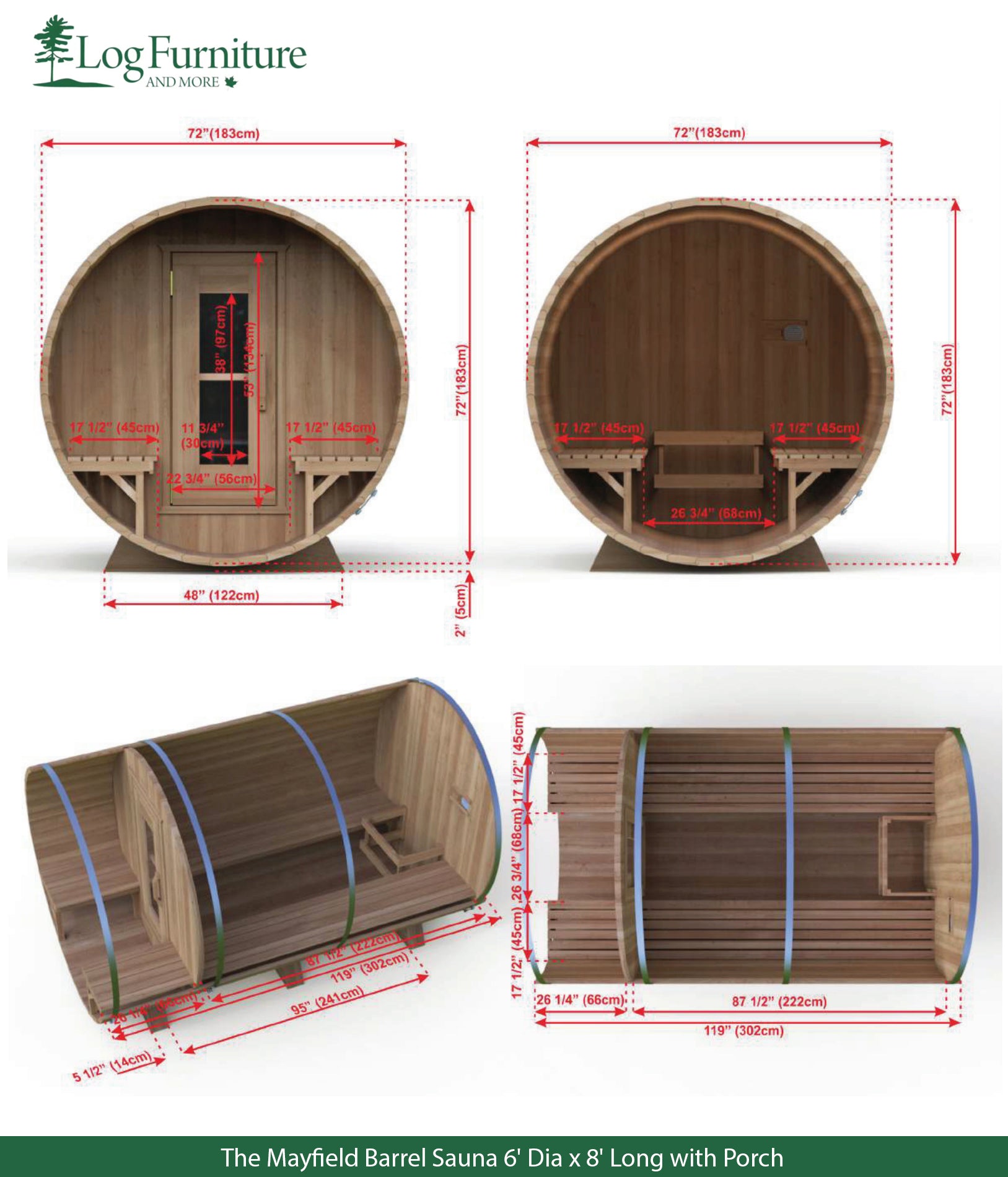 The Mayfield Barrel Sauna 6' Dia x 8' Long with Porch