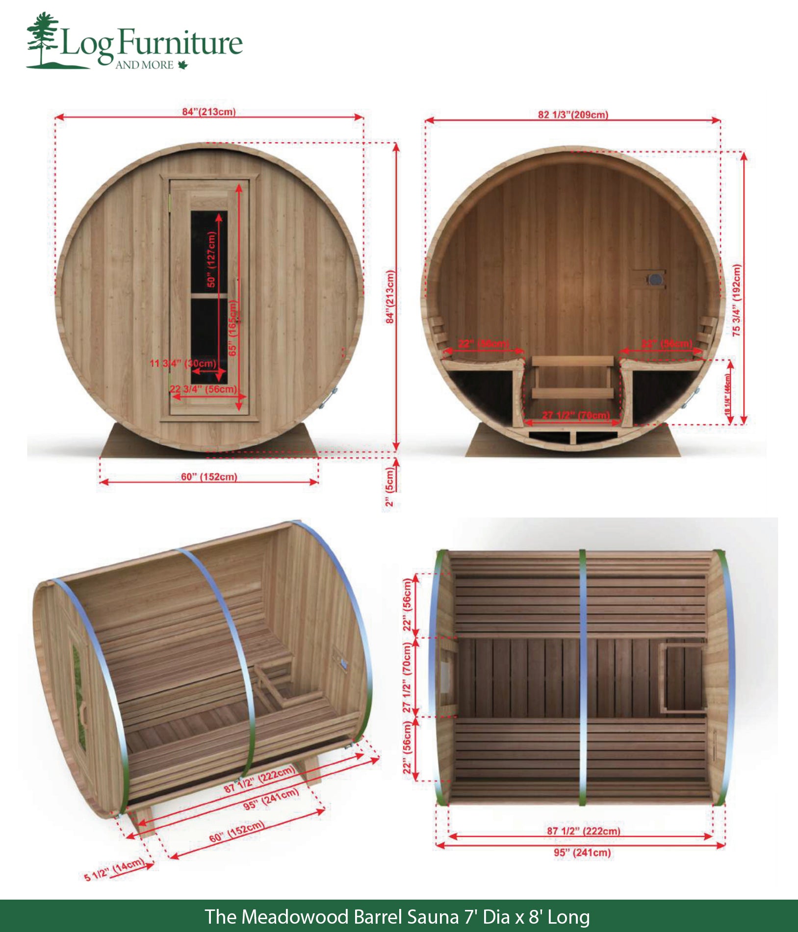 The Meadowood Barrel Sauna - 7' Dia x 8' Long