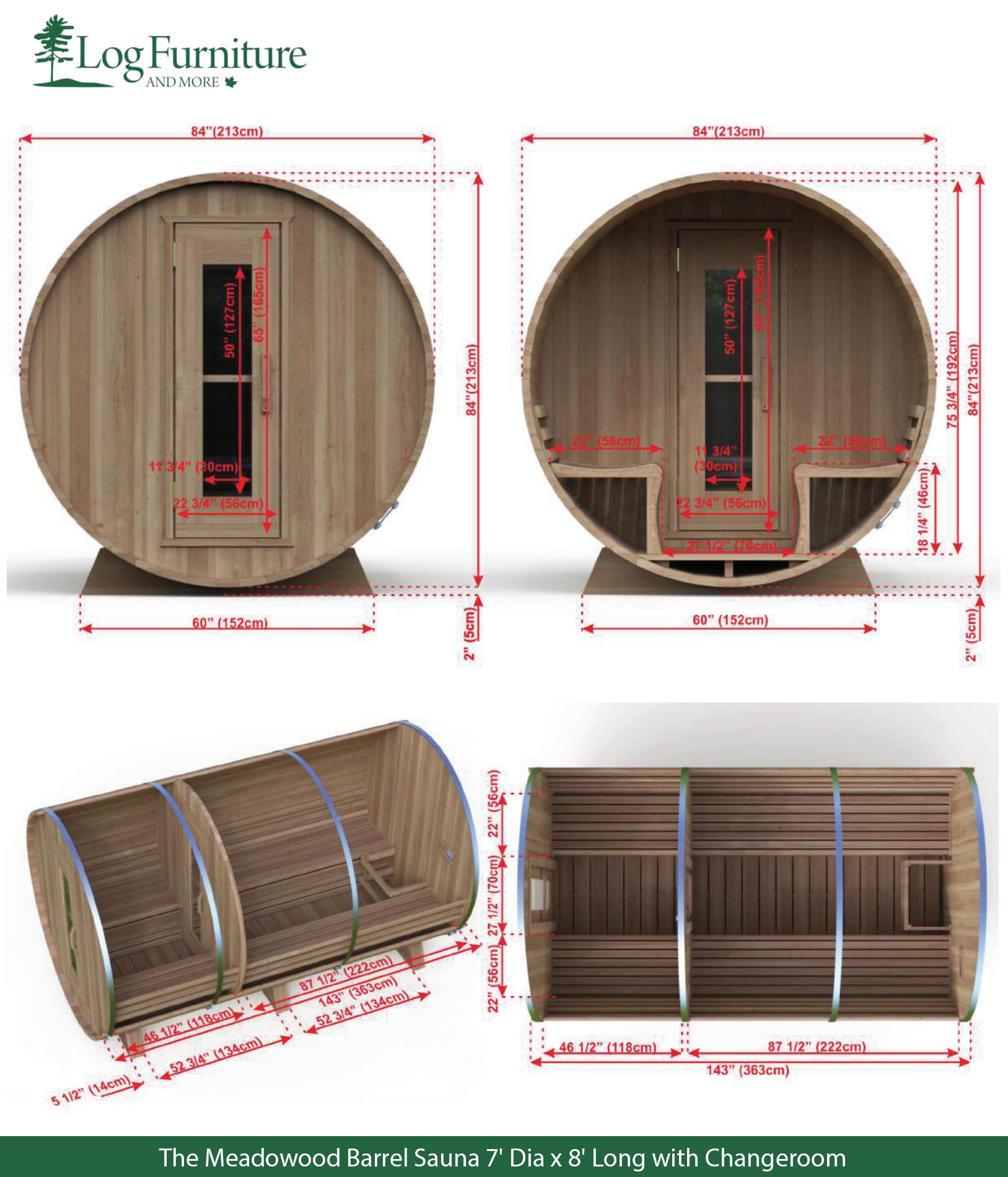 The Meadowood Barrel Sauna - 7' Dia x 8' Long with Changeroom