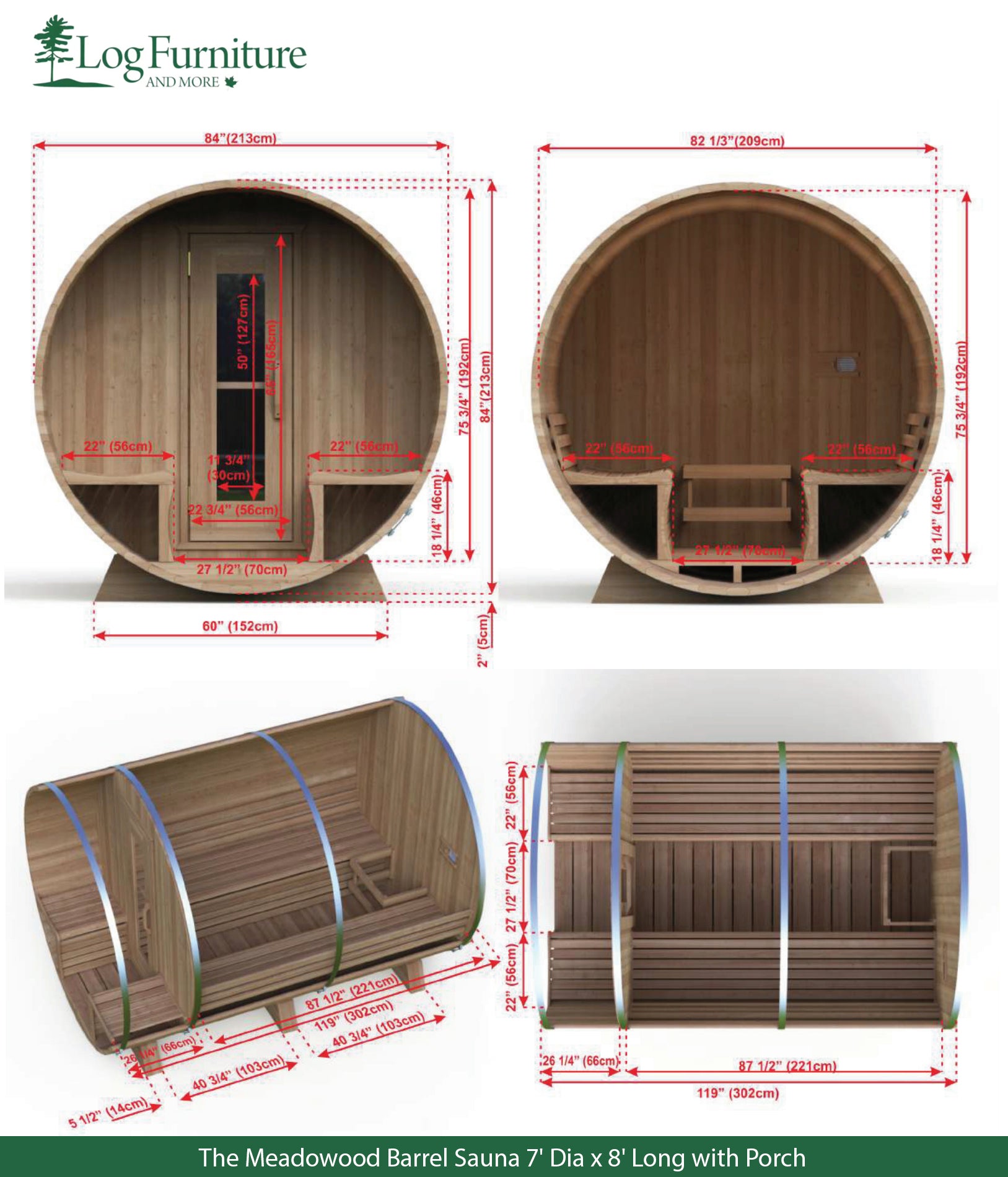 The Meadowood Barrel Sauna - 7' Dia x 8' Long with Porch