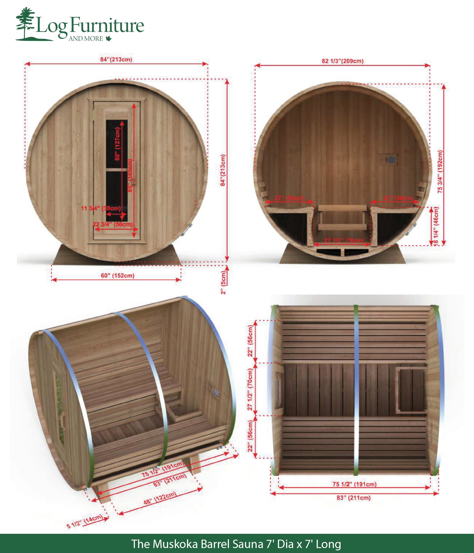 The Muskoka Barrel Sauna 7' Dia x 7' Long