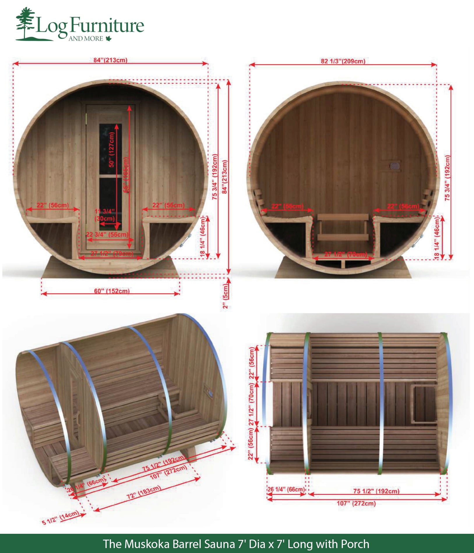 The Muskoka Barrel Sauna 7' Dia x 7' Long with Porch