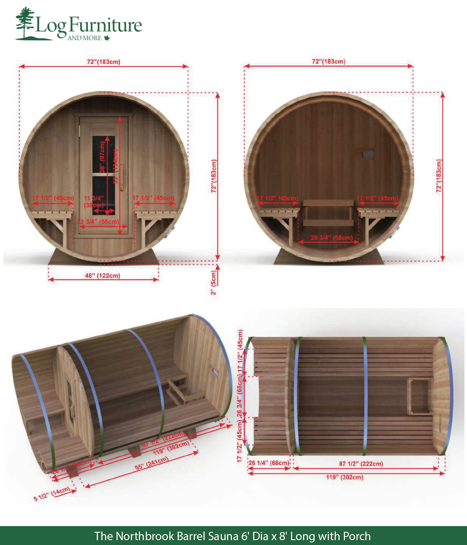 The Northbrook Barrel Sauna 6' Dia x 8' Long with Porch