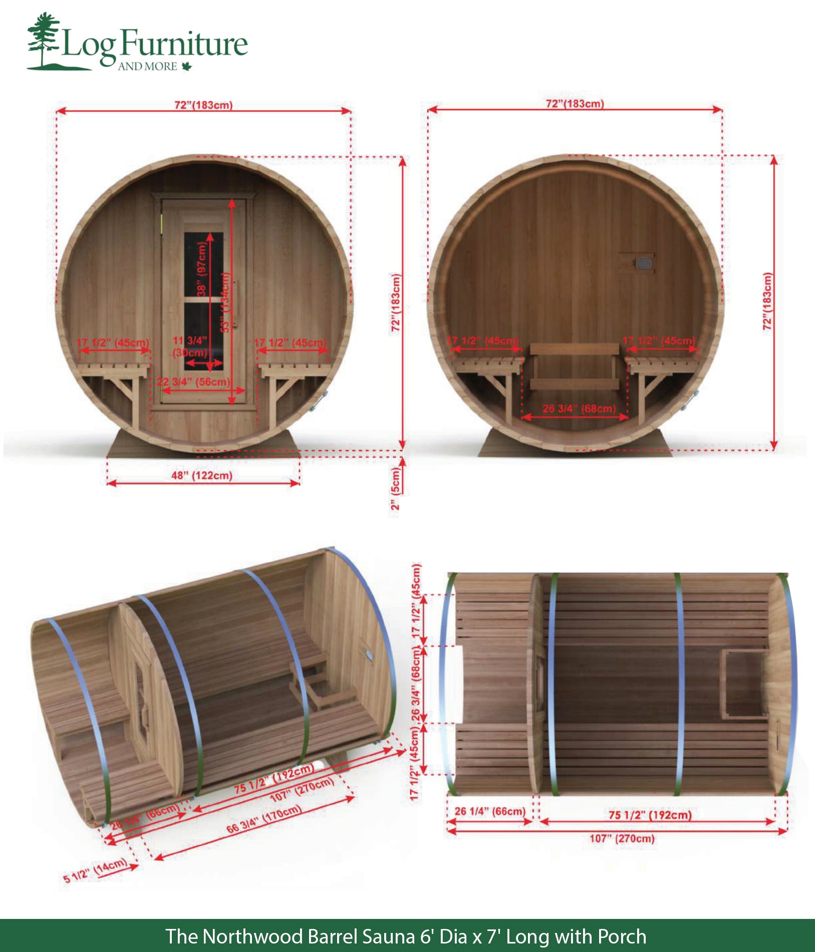 The Northwood Barrel Sauna 6' Dia x 7' Long with Porch
